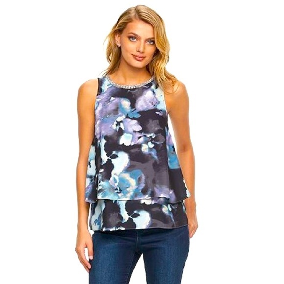 Juicy Couture Embellished Watercolor Floral Double Layer Chiffon Tank Blouse - Picture 1 of 14
